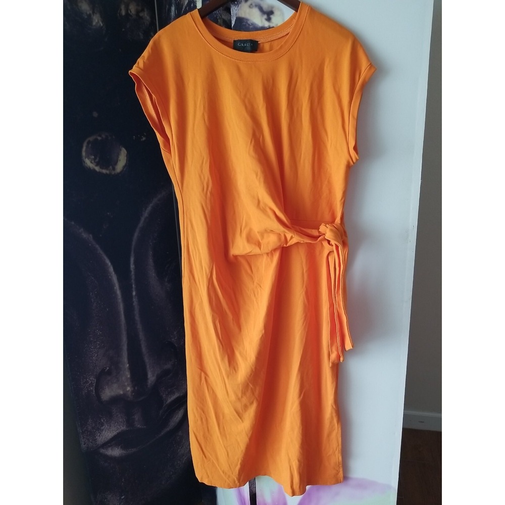 GRACIA Women Bright Orange Round Neck Tie Waist Stretch Cotton Midi Dress M YJ01